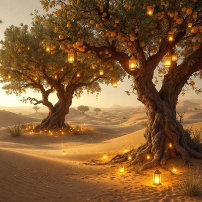 The primary subject of the image is a tree with a bunch of oranges on it. The tree is located in a desert-like environment, with a sandy surface visible. The visual style of the image is a painting, which gives it a unique and artistic appearance. The dominant colors in the painting are orange and yellow, which create a warm and vibrant atmosphere.